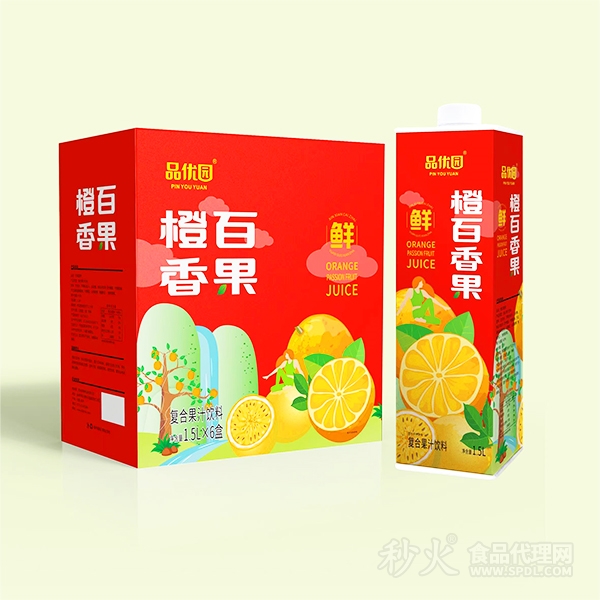 品优园橙百香果复合果汁饮料1.5Lx6盒