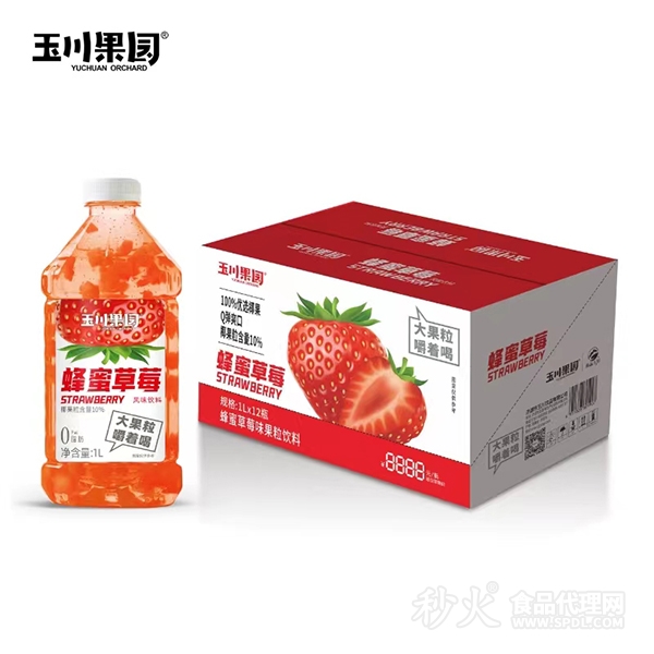 玉川果园蜂蜜草莓味果粒饮料1Lx12瓶