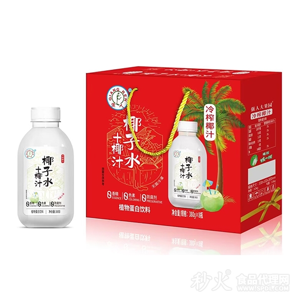 强人椰子水+椰汁植物蛋白饮料380gx8瓶