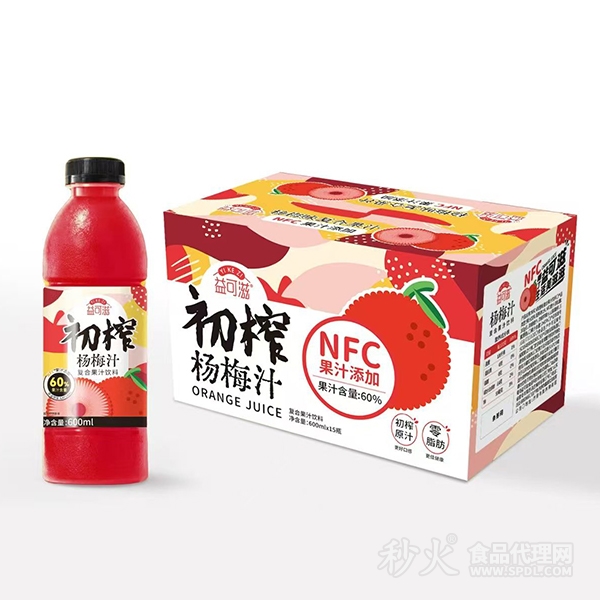 益可滋初榨杨梅汁NFC果汁添加600ml×15瓶