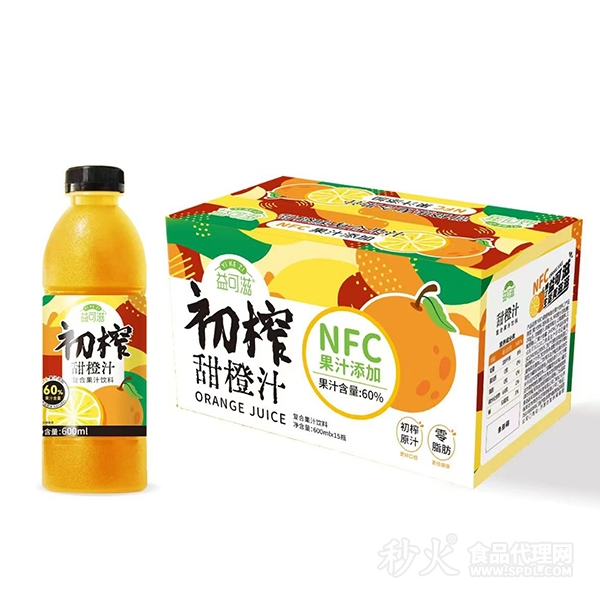 益可滋初榨甜橙汁NFC果汁添加600ml×15瓶