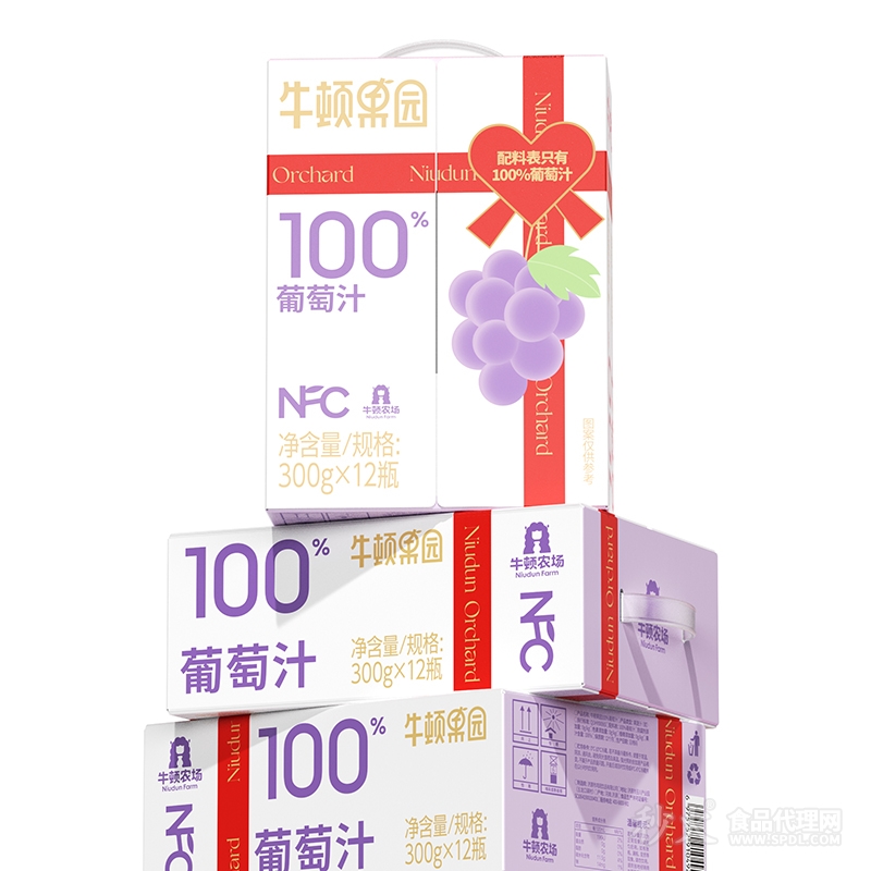 牛顿果园NFC100%葡萄汁屋顶盒300gx12瓶